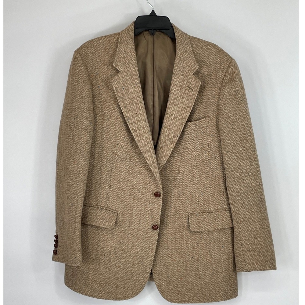 Haris Tweed Men Cricket Club Blazer 44R Tan Herringbone Scottish Wool Made USA